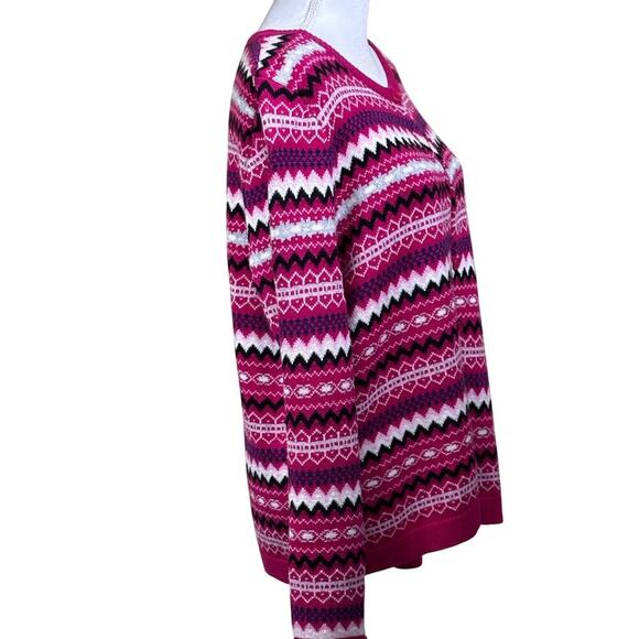 Talbots pink Fair Isle cardigan, LP, preppy, cottagecore, Nordic, cozy, bright - Picture 2 of 5
